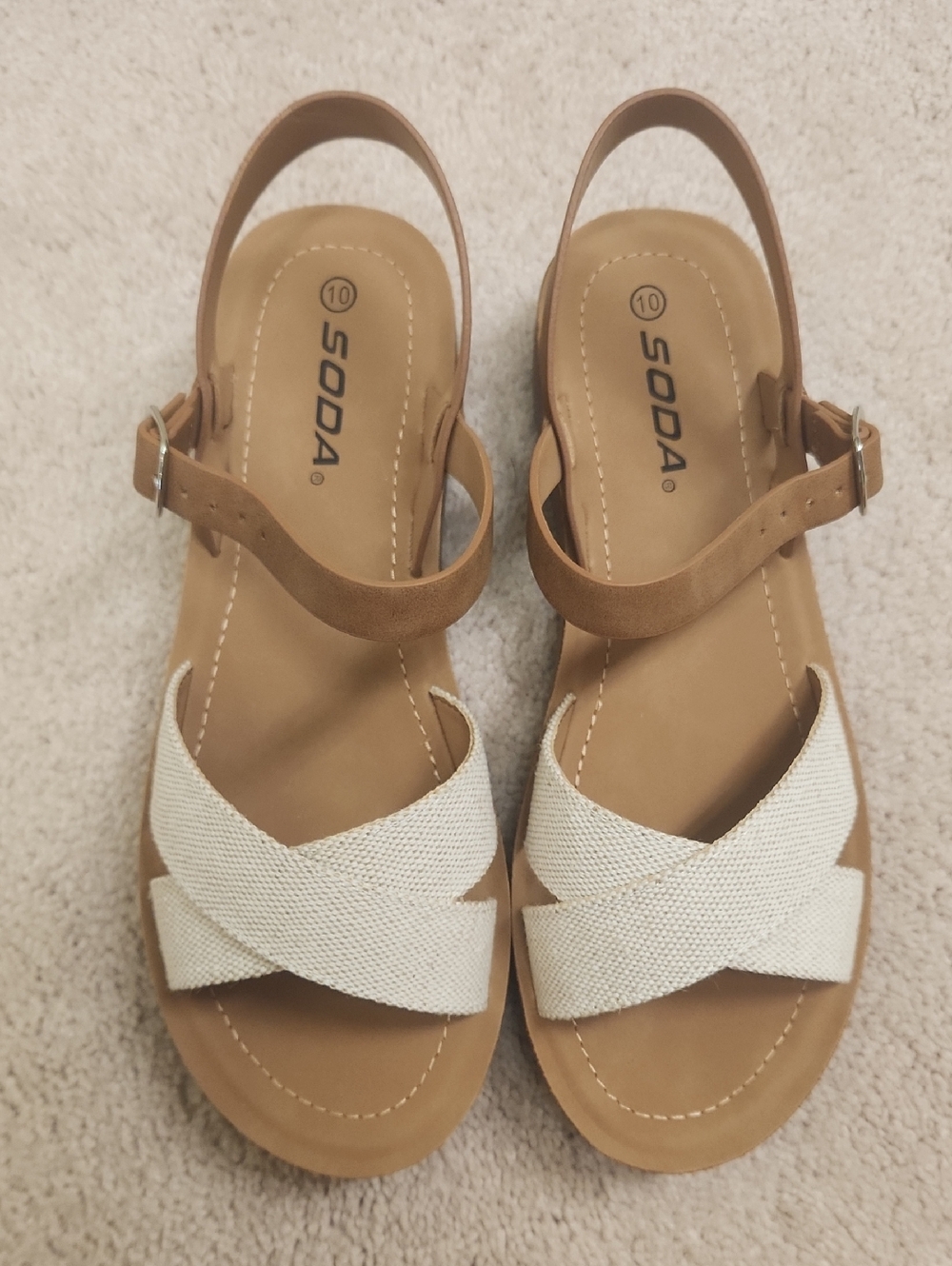 SODA Tan Slingback Sandals with Cream Crisscross Straps